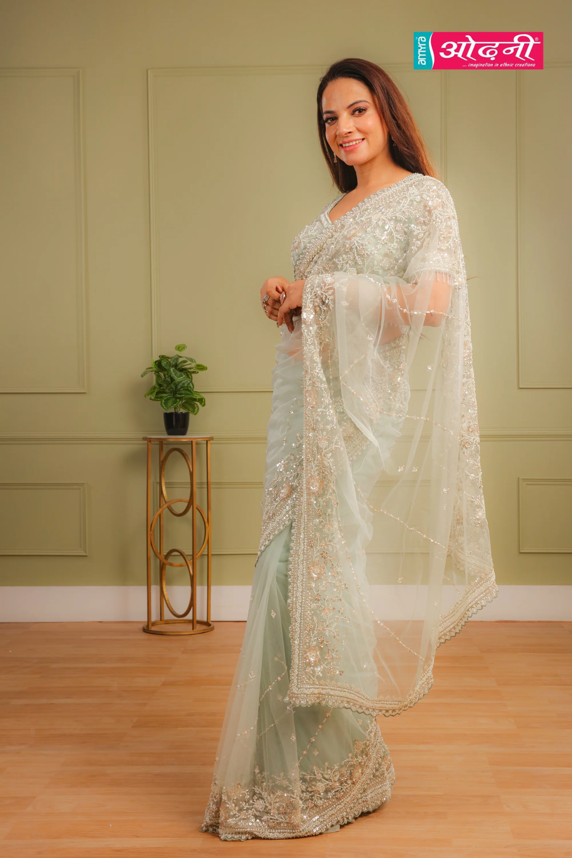 Mint Green Embellished Net Saree (2820 GS-86) - Image 3