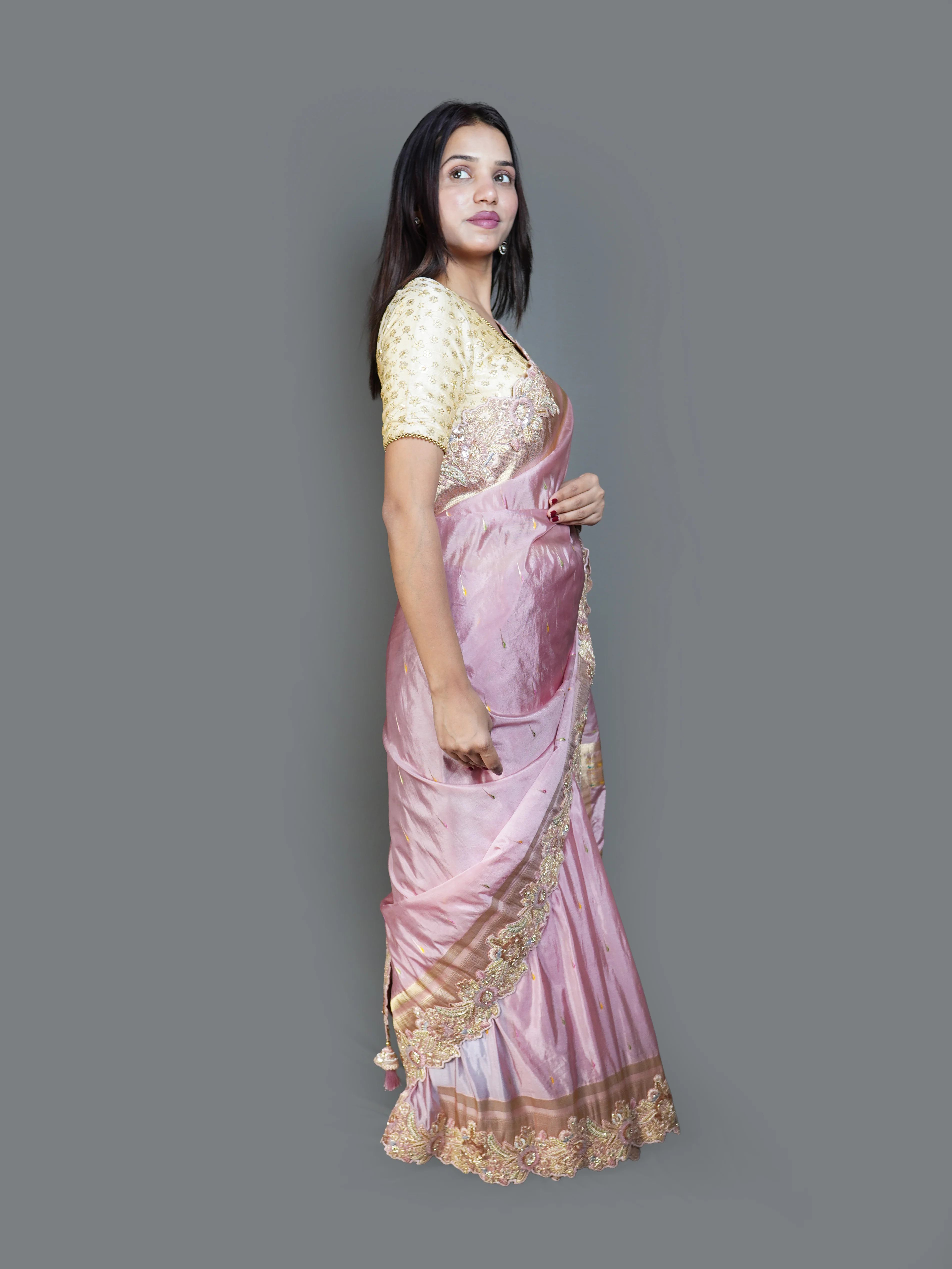 Rose Pink Silk Saree with Heavy Gold Embroidered Pallu (BOS-4363-C D-4) - Image 3