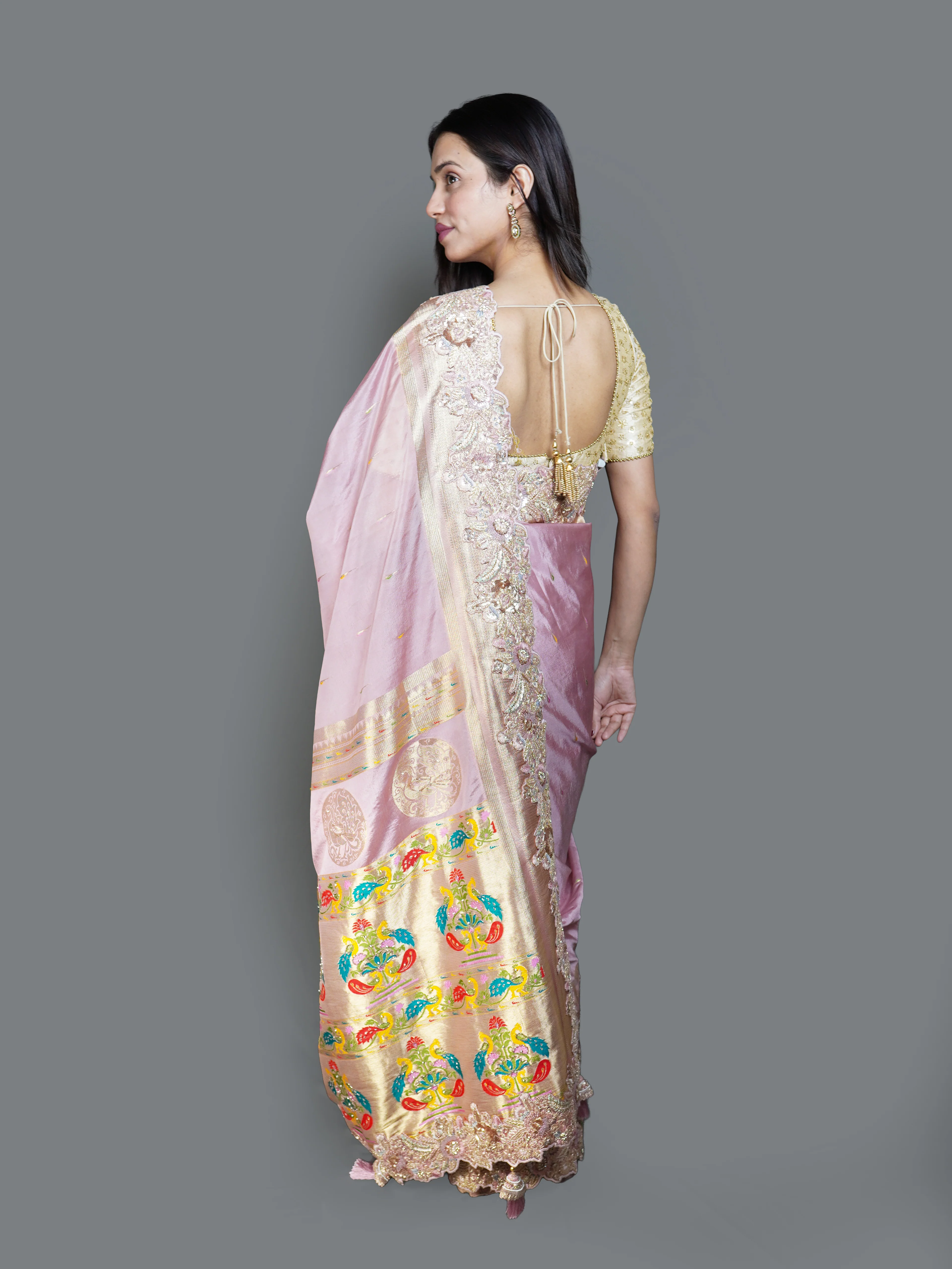 Rose Pink Silk Saree with Heavy Gold Embroidered Pallu (BOS-4363-C D-4) - Image 4