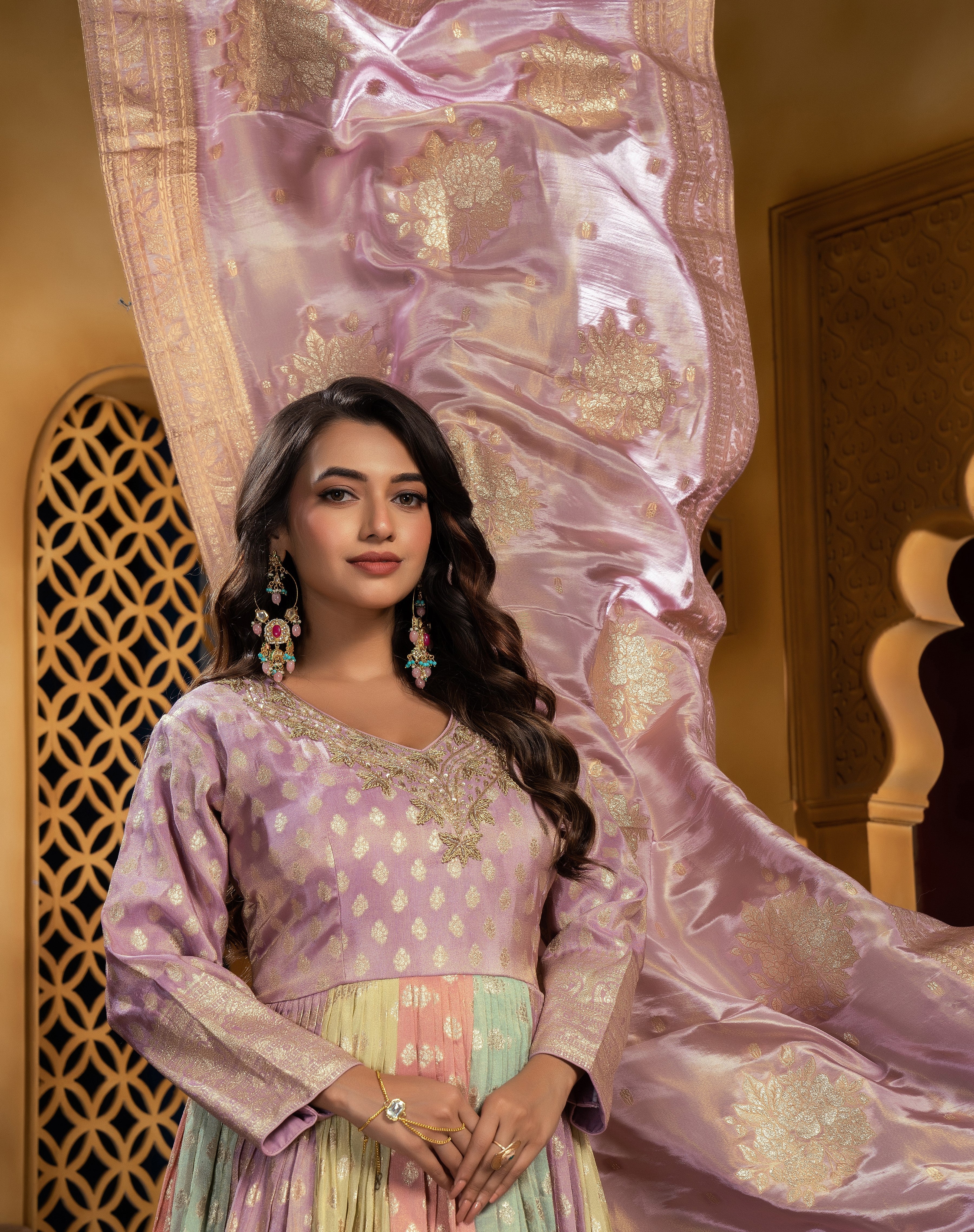 Pastel Rainbow Brocade Anarkali Gown (A1329 GA-3) - Image 3