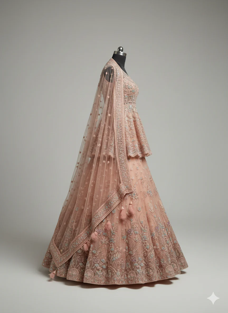 Peach Peplum Choli Lehenga with Pastel Floral Work (DC-24177 D-56) - Image 3