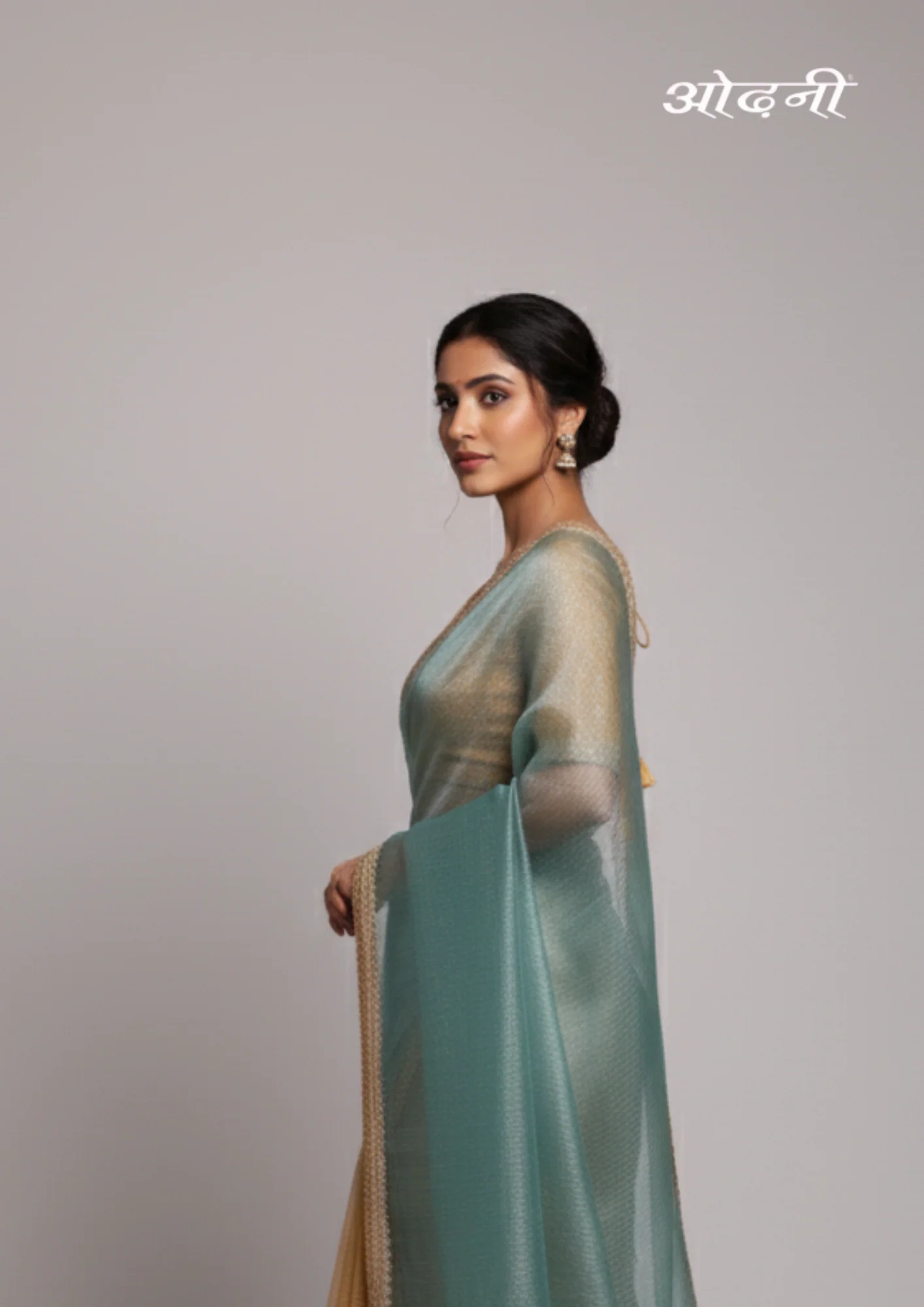 Gold and Aqua Tissue Saree (SAR-14438 R-19) - Image 3