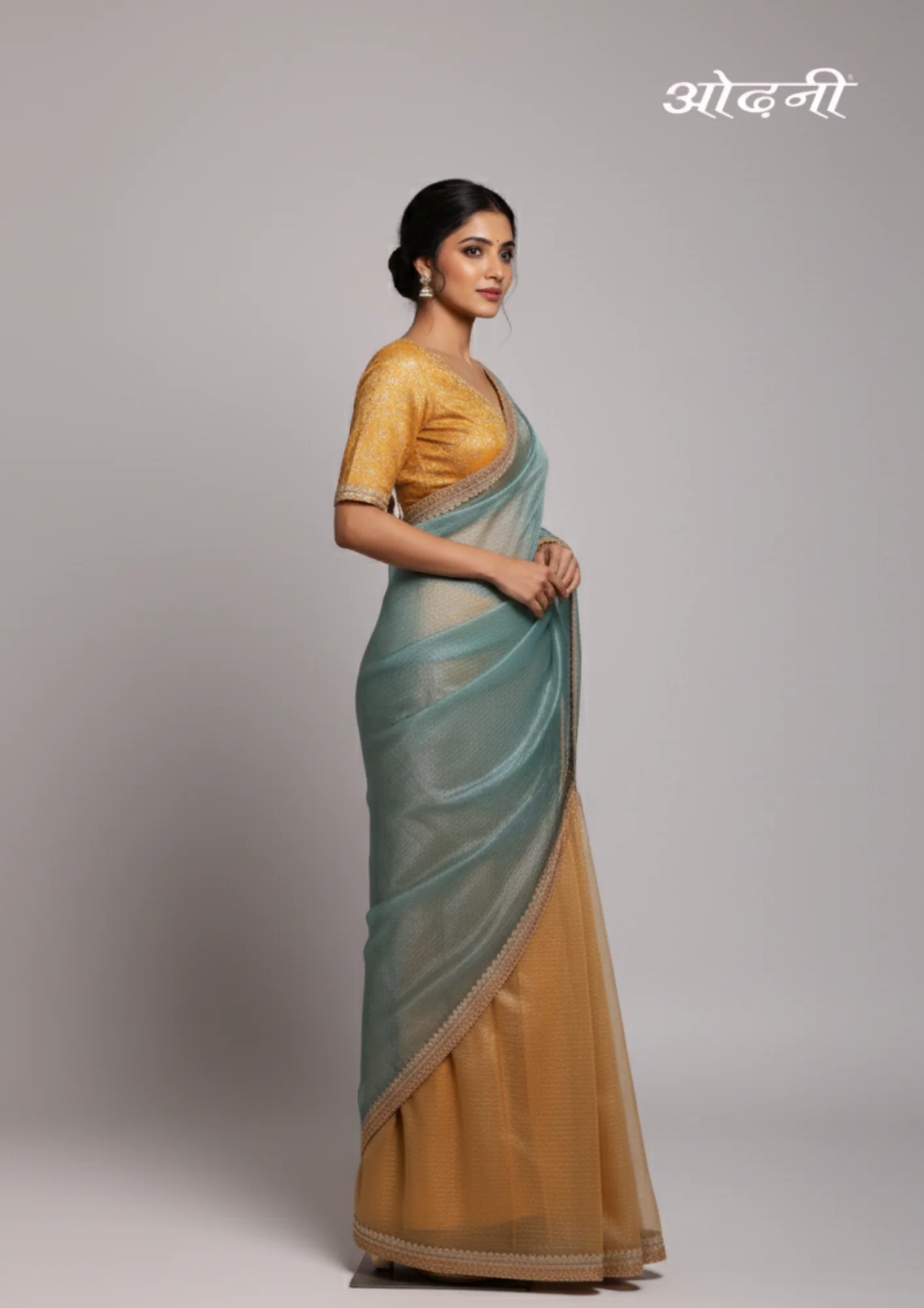 Gold and Aqua Tissue Saree (SAR-14438 R-19) - Image 4