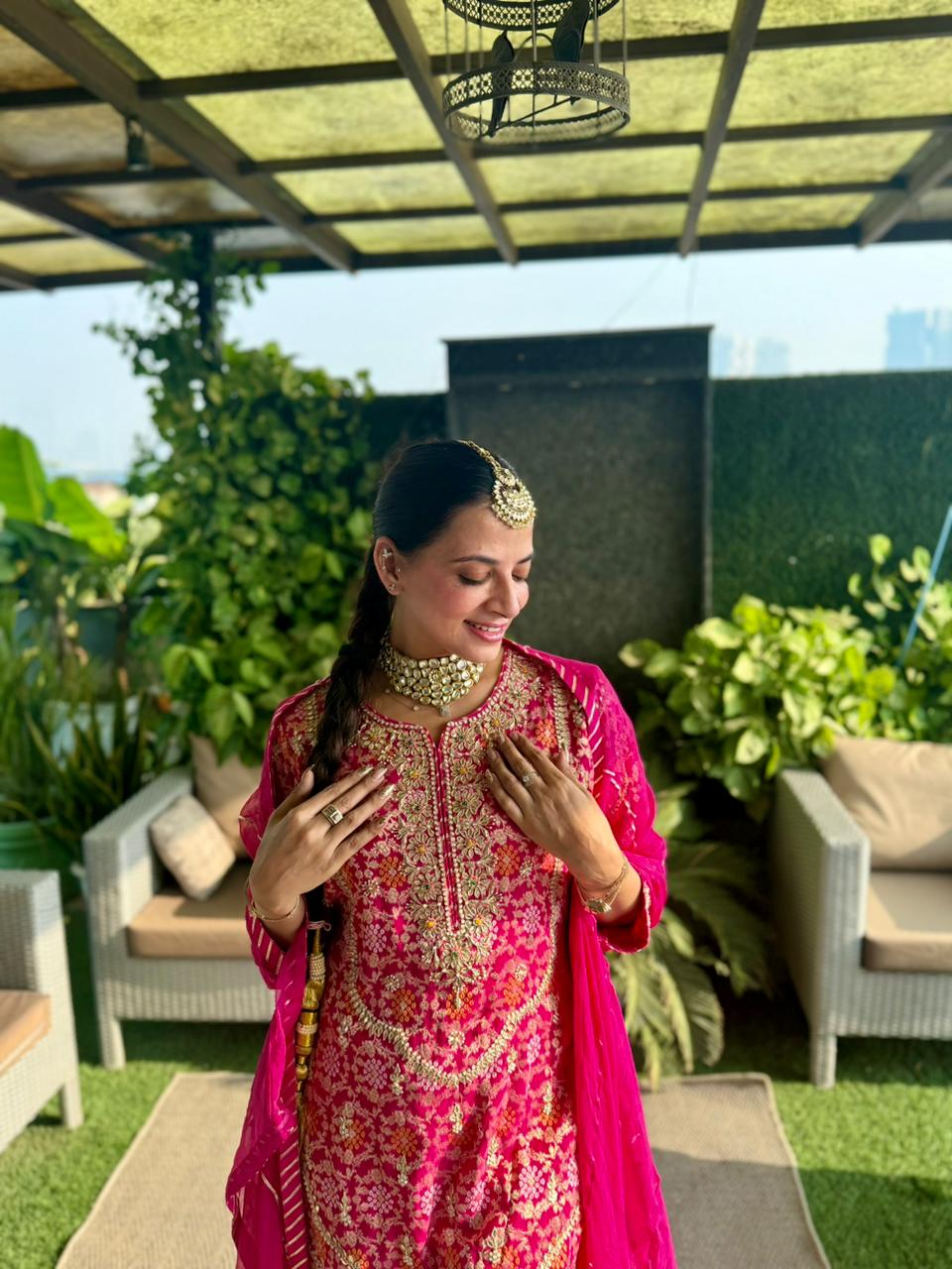 Rani Pink Heavy Embroidered Kurti with Tiered Sharara Set (HK-12658 R-61) - Image 3