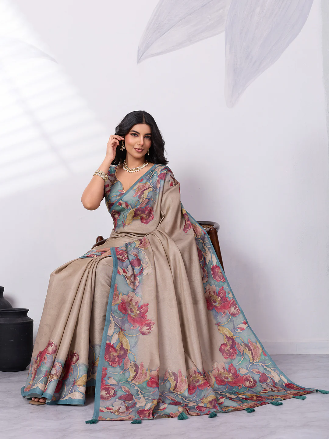 Printed Satin Tussar Saree - Image 4
