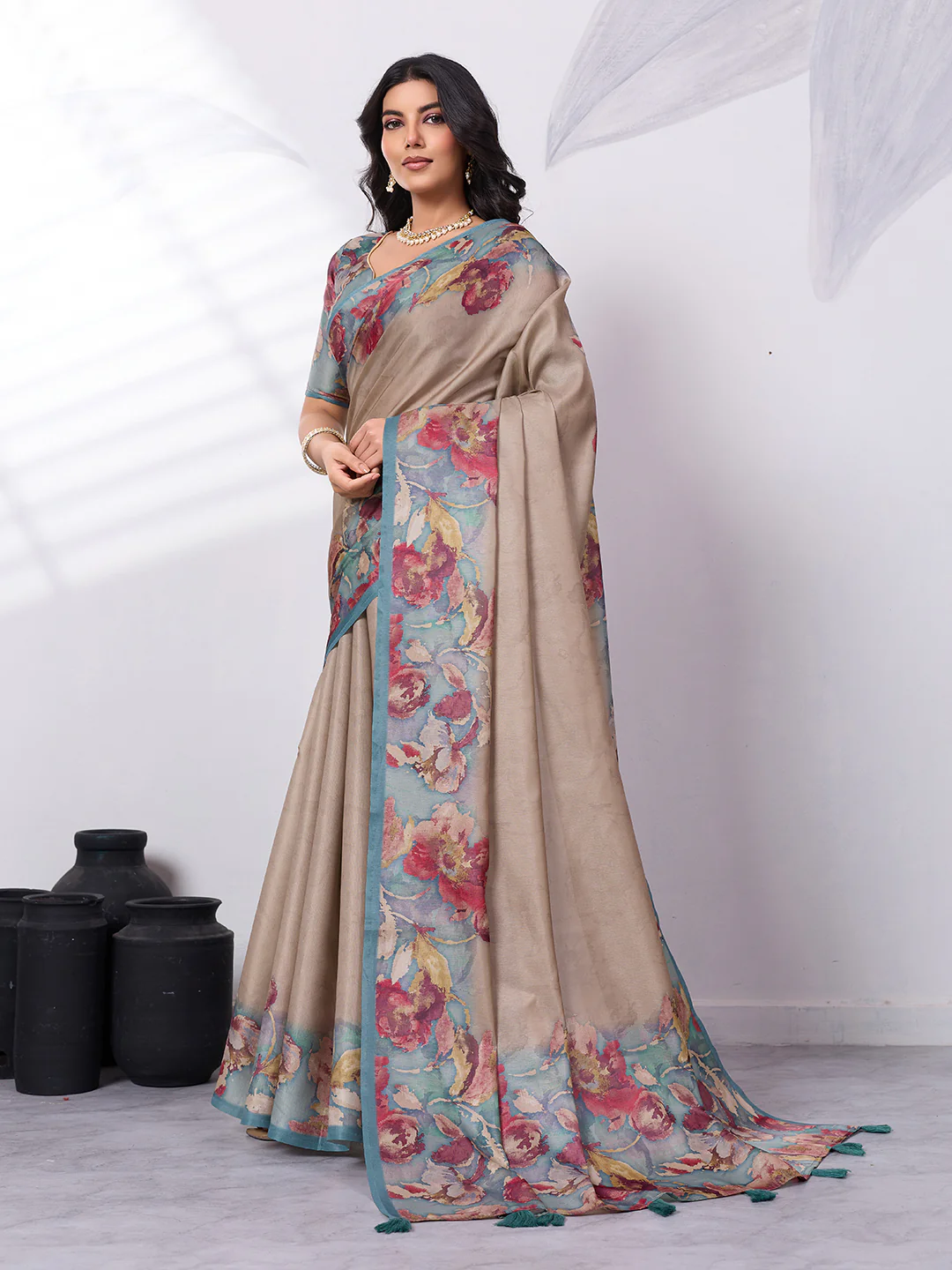 Printed Satin Tussar Saree - Image 6