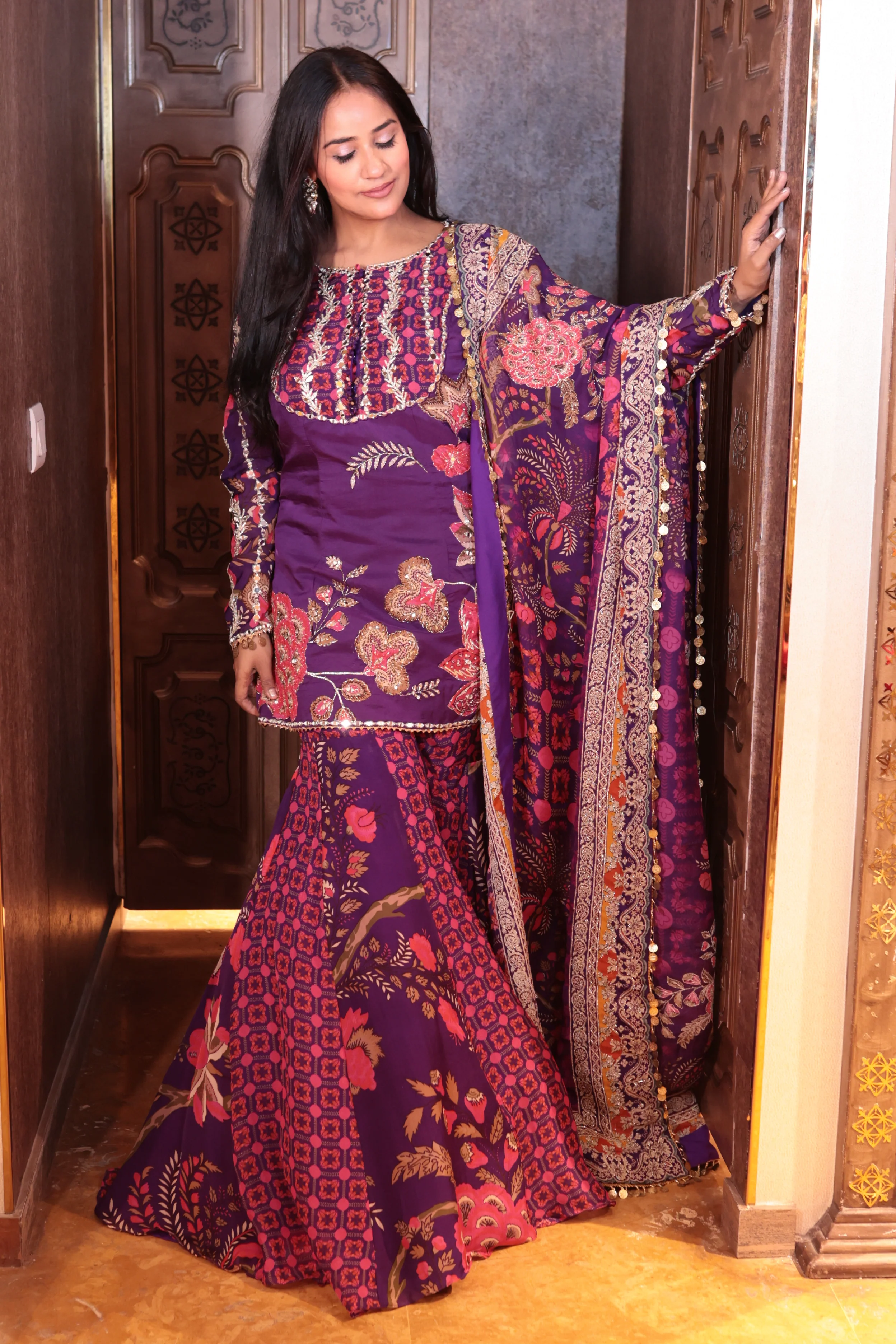 Noor-e-Bahar Partywear Purple Kurti and Sharara Suit with Dupatta - Image 3