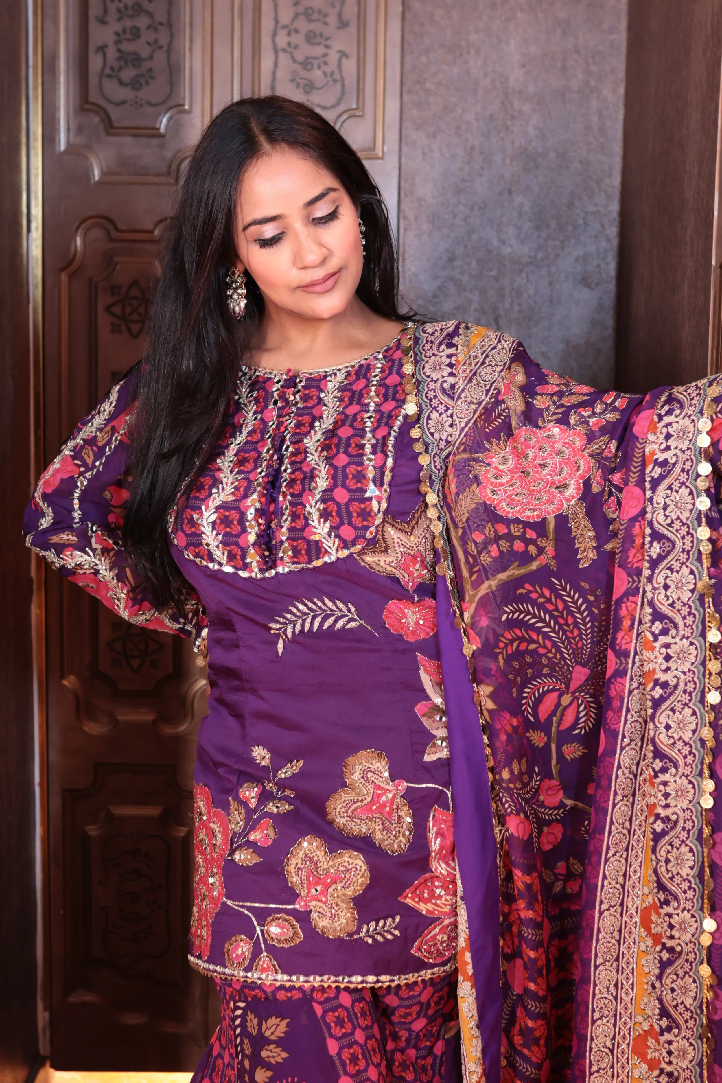 Noor-e-Bahar Partywear Purple Kurti and Sharara Suit with Dupatta - Image 4
