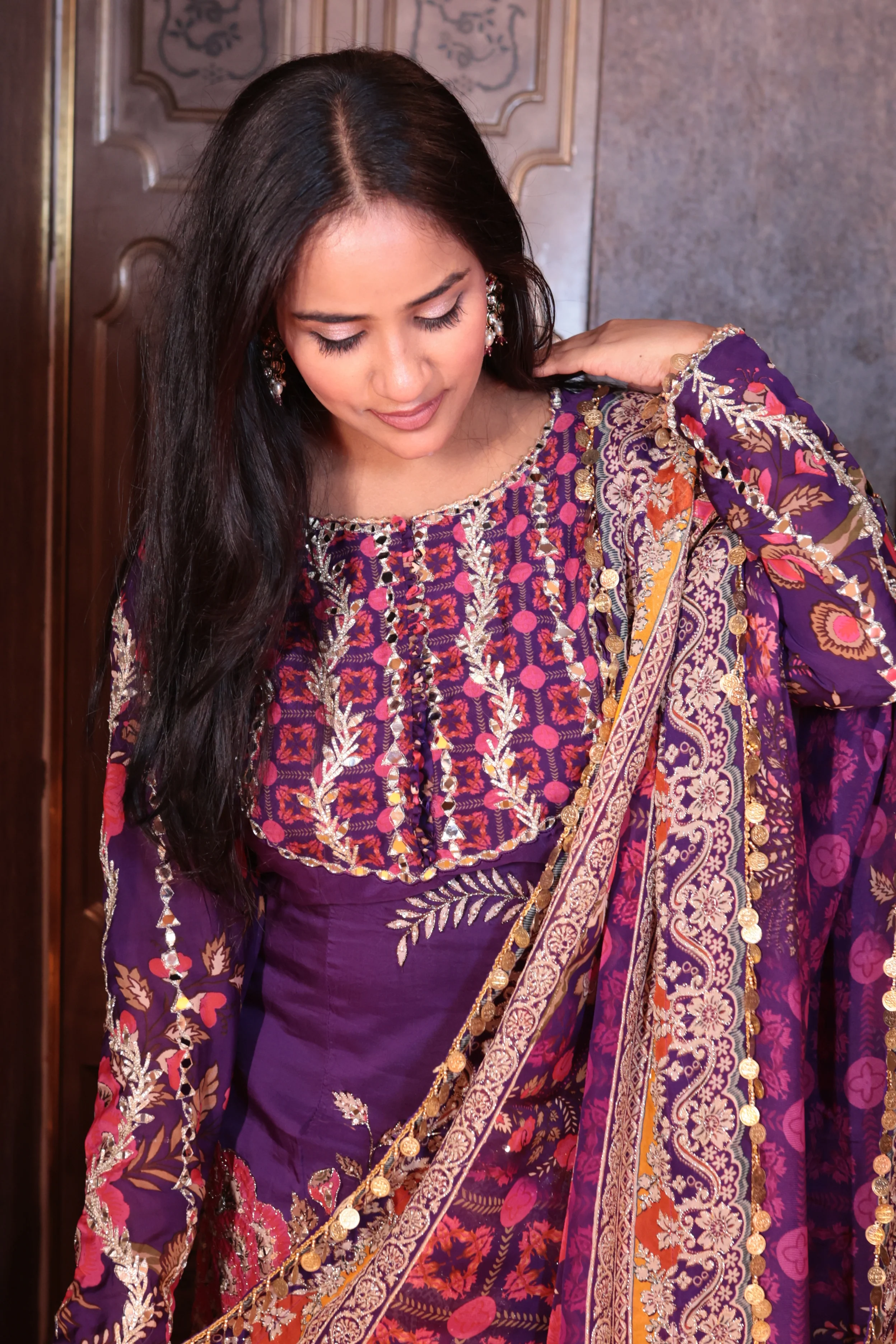Noor-e-Bahar Partywear Purple Kurti and Sharara Suit with Dupatta - Image 5