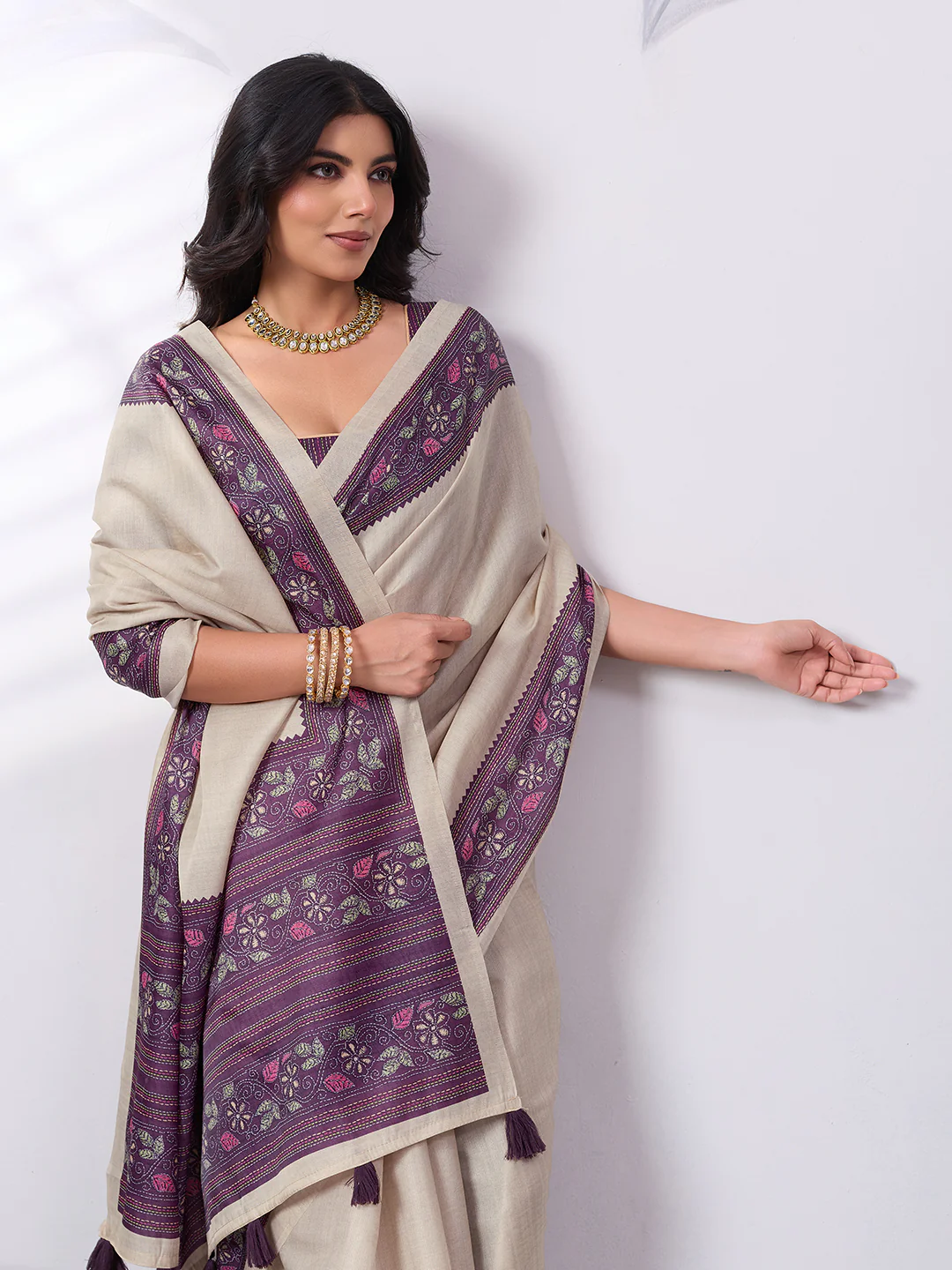 Satin Tussar Saree with Embroidery-Style Digital Print - Image 10
