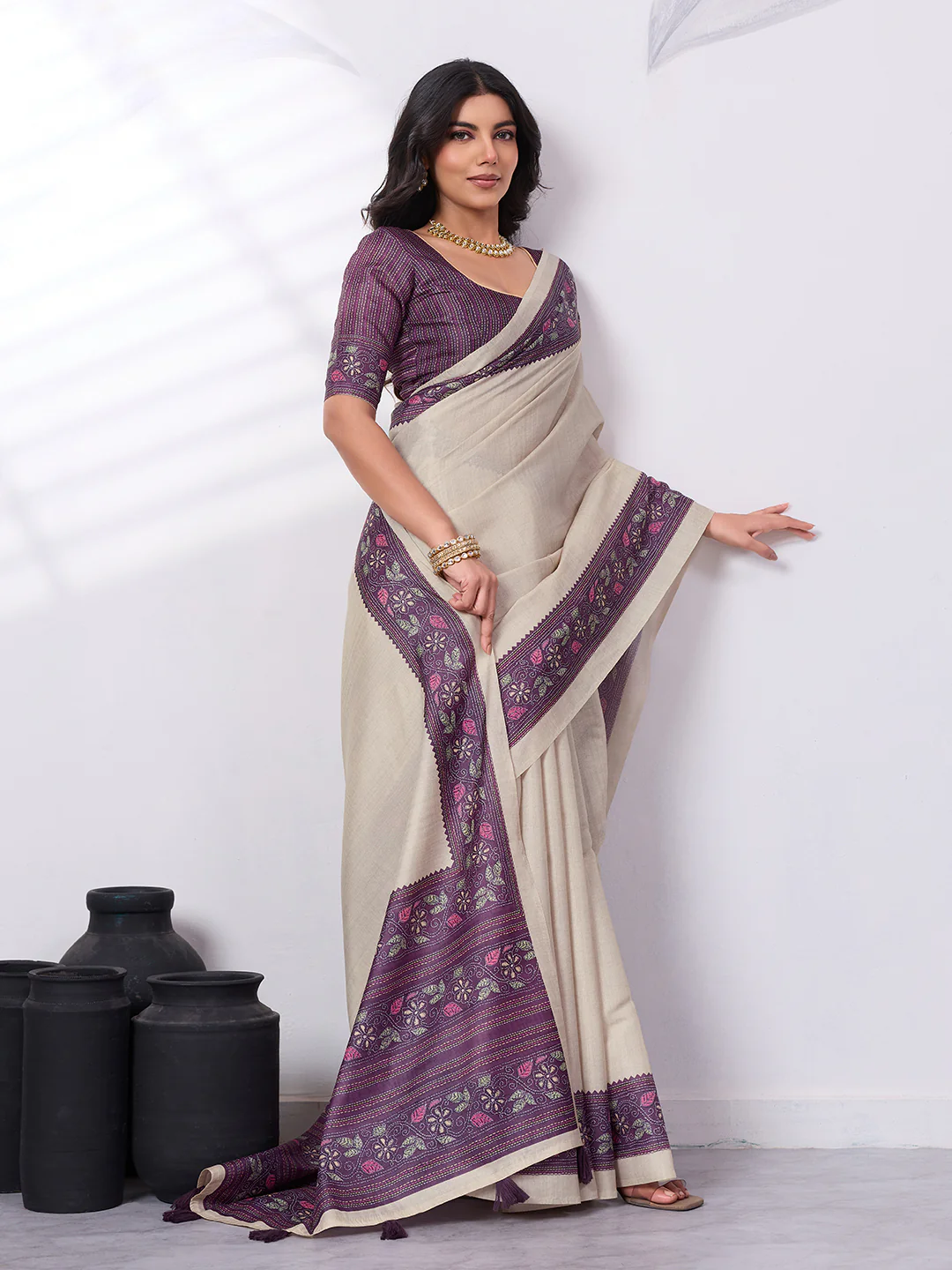 Satin Tussar Saree with Embroidery-Style Digital Print - Image 11