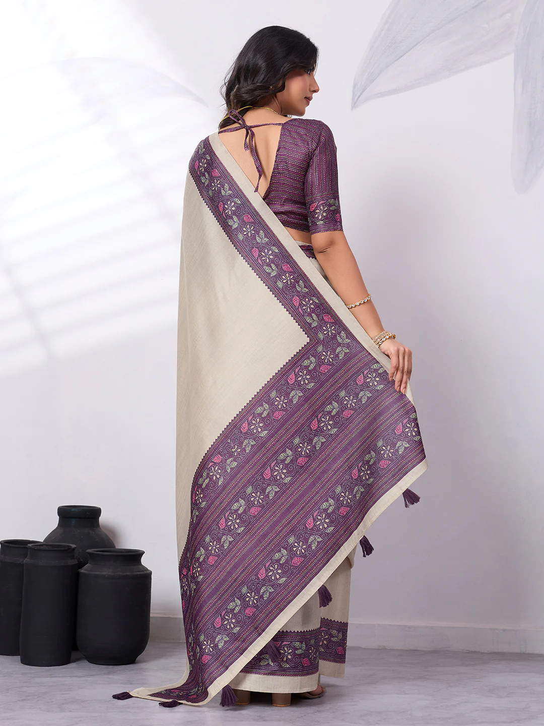 Satin Tussar Saree with Embroidery-Style Digital Print - Image 12