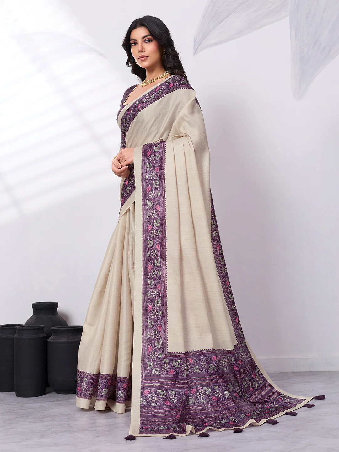 Satin Tussar Saree with Embroidery-Style Digital Print - Image 13