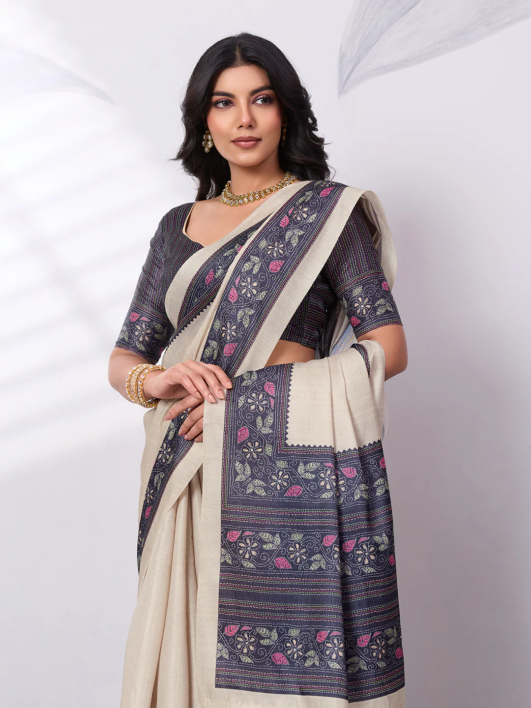 Satin Tussar Saree with Embroidery-Style Digital Print - Image 3