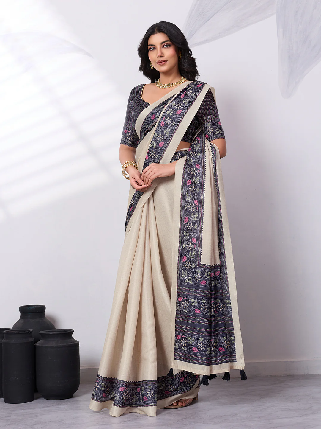 Satin Tussar Saree with Embroidery-Style Digital Print - Image 4