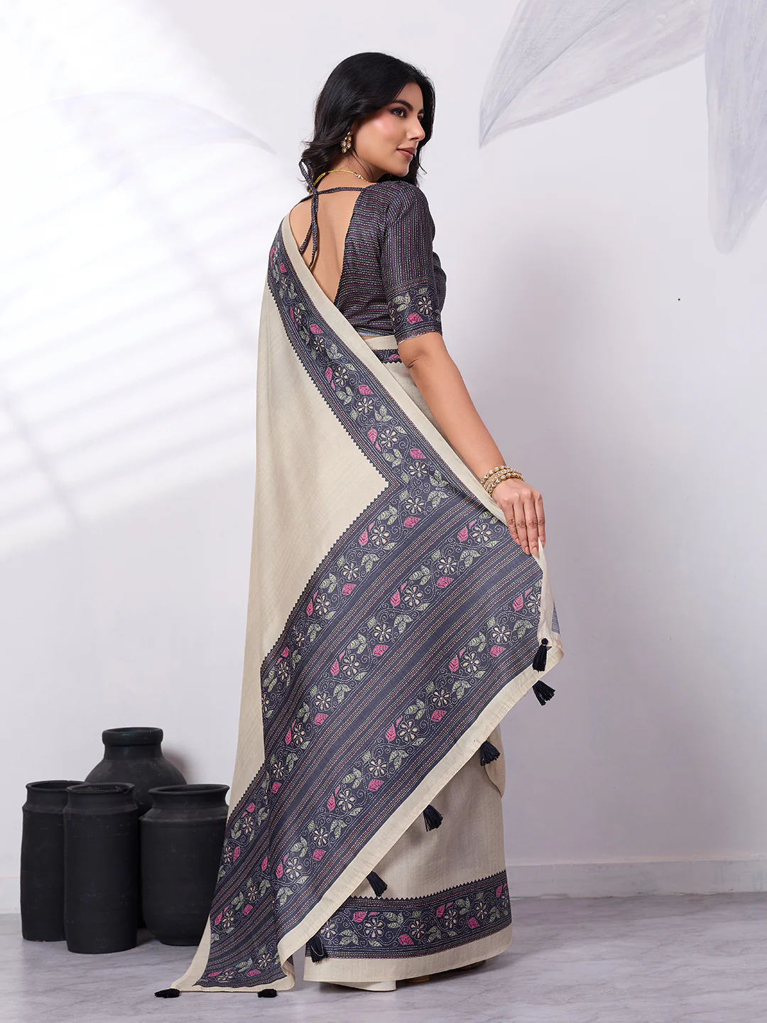 Satin Tussar Saree with Embroidery-Style Digital Print - Image 5