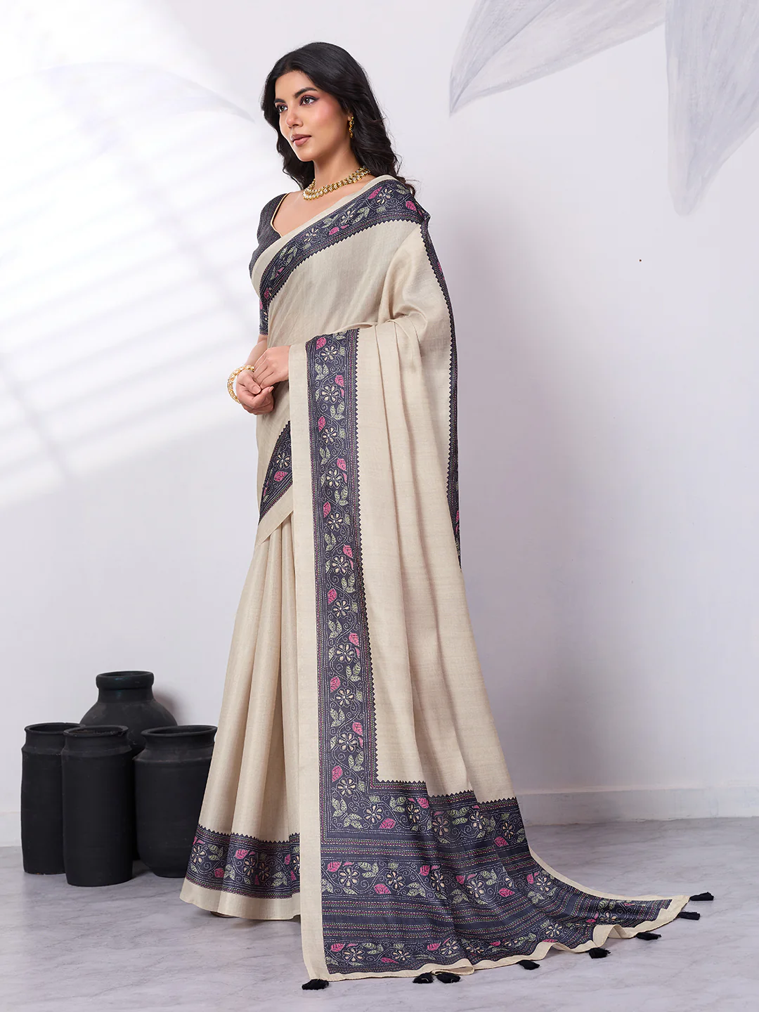 Satin Tussar Saree with Embroidery-Style Digital Print - Image 6