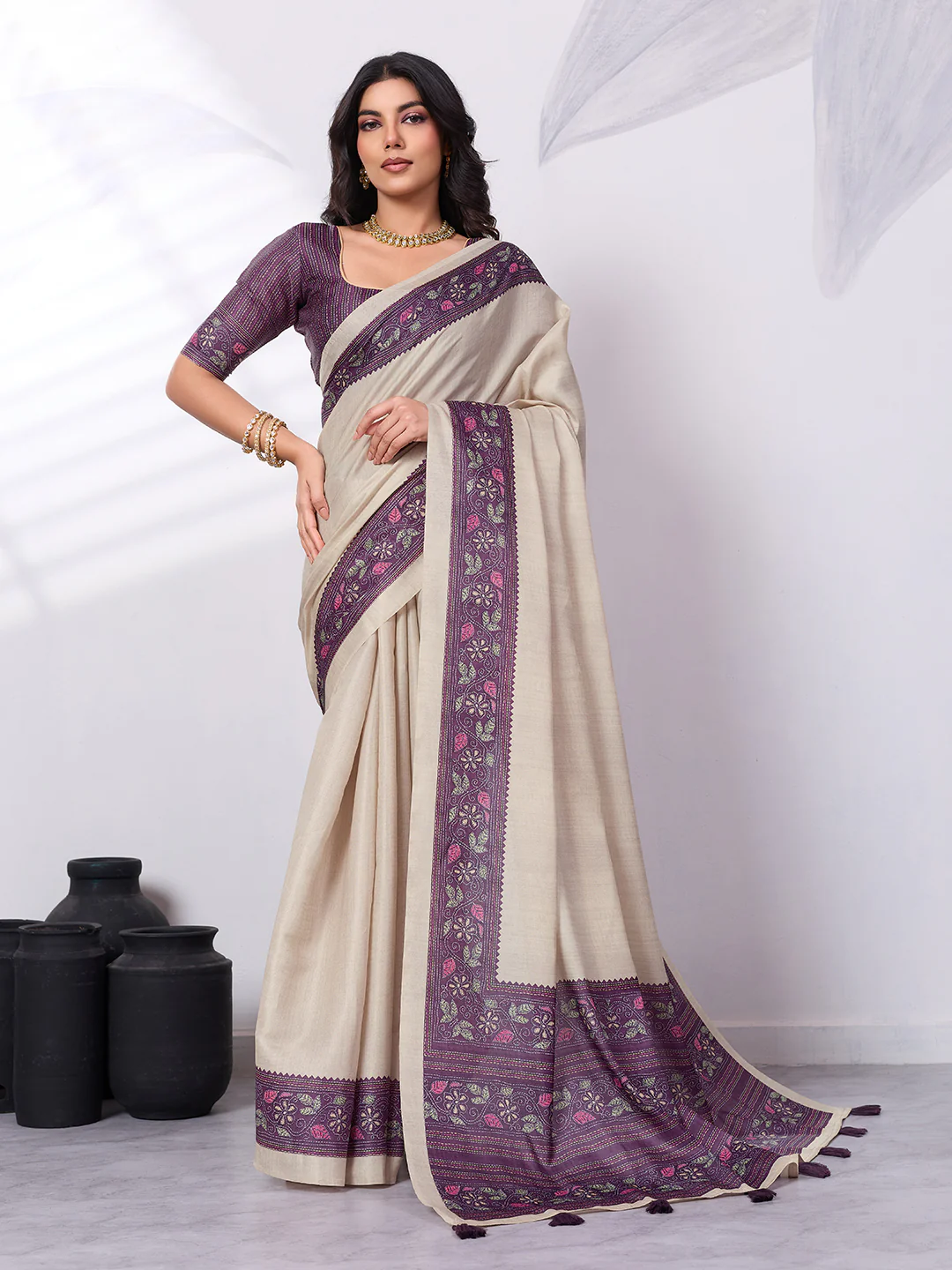 Satin Tussar Saree with Embroidery-Style Digital Print - Image 8