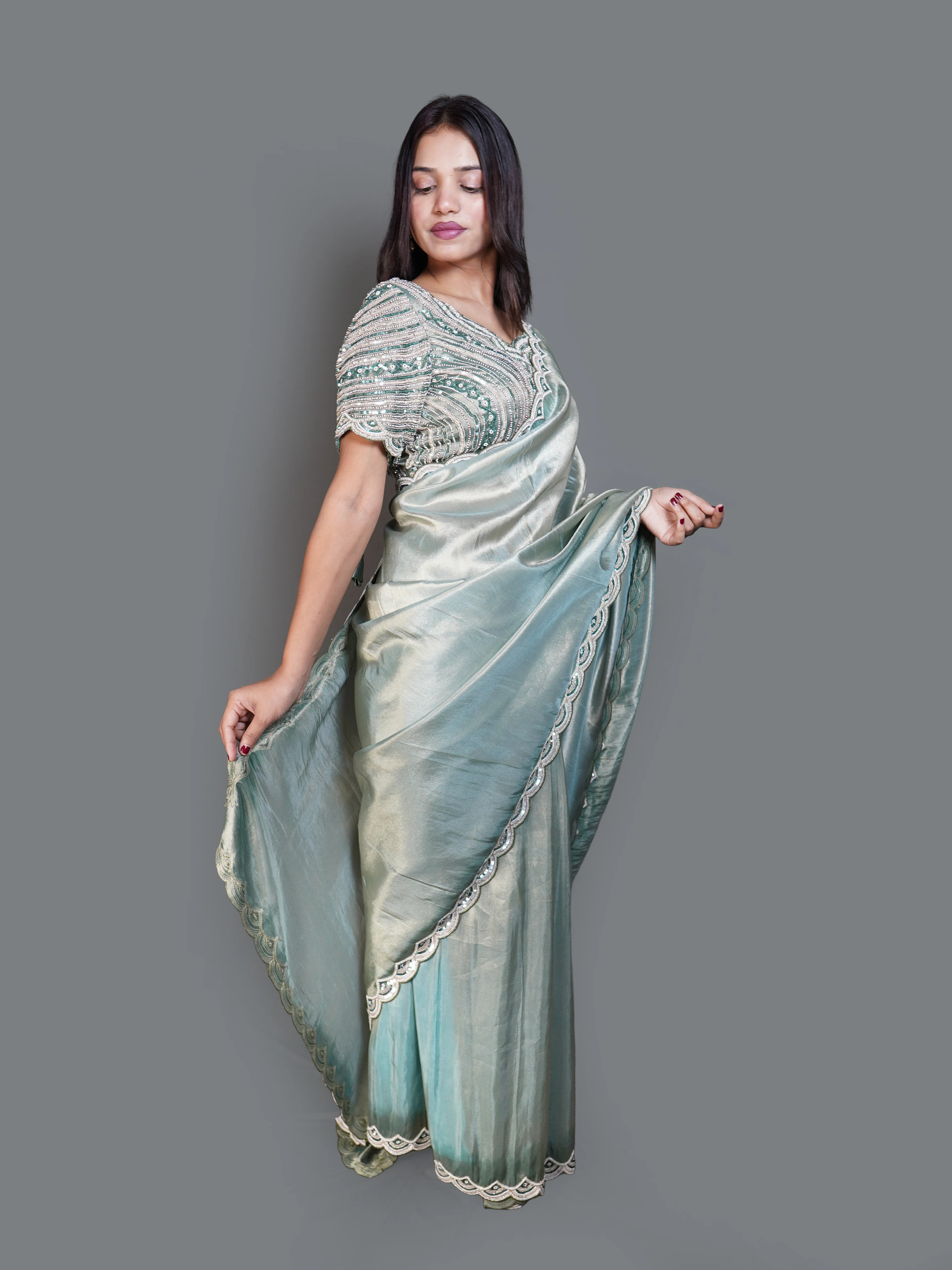 Shimmering Sage Green Saree with Heavy Beaded Blouse (V12243 B-141) - Image 3