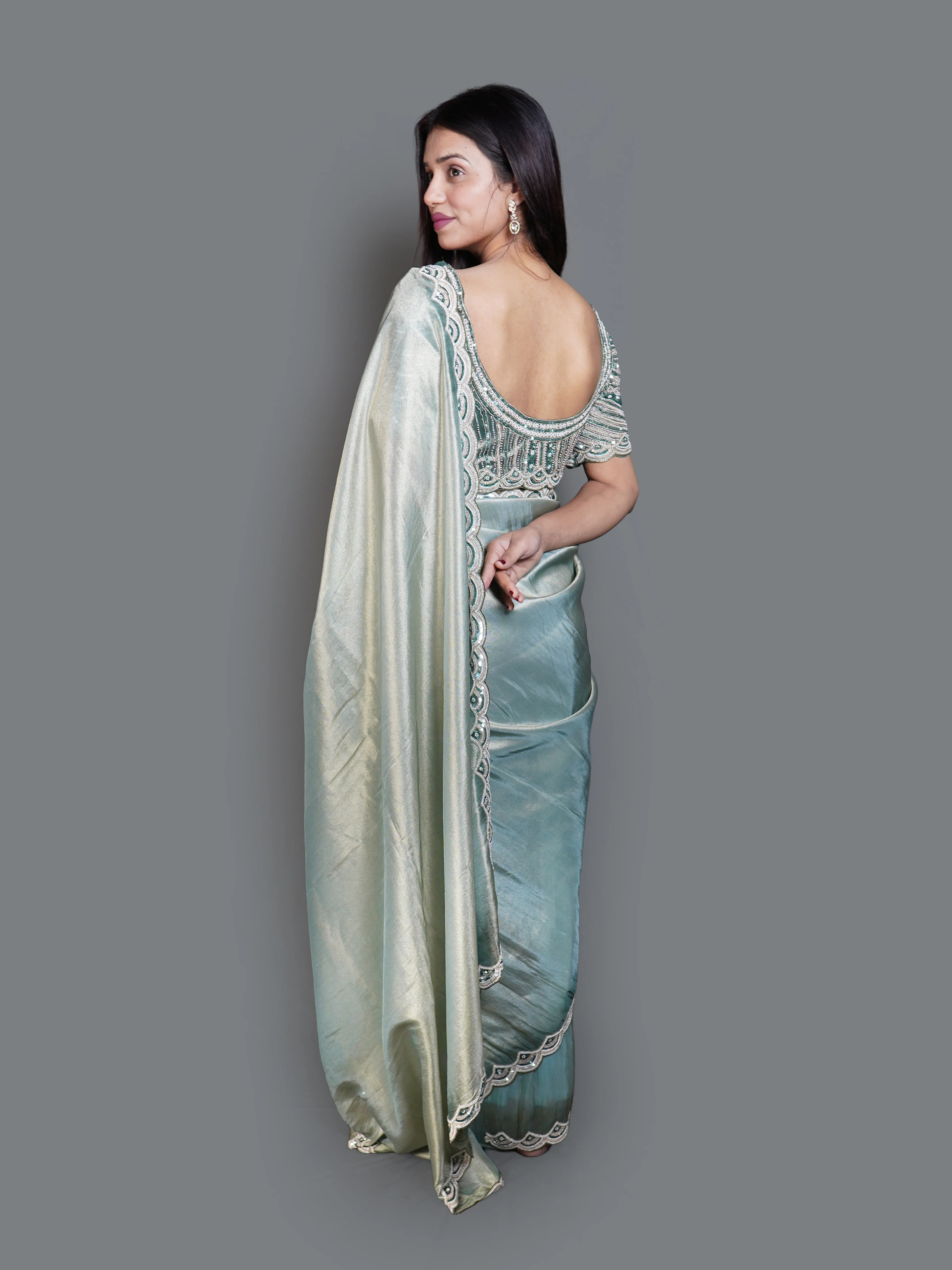 Shimmering Sage Green Saree with Heavy Beaded Blouse (V12243 B-141) - Image 4